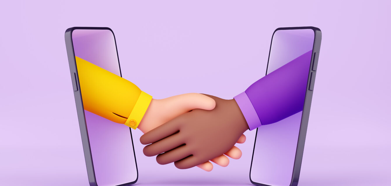 3d render handshake via smartphone screens concept