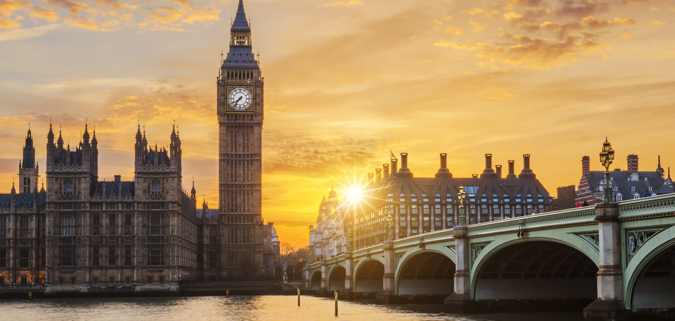 Big Ben and Westminster Bridge at sunset